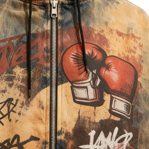 Erkek özel Retro Trendy Denim Hoodie sokak Hip-Hop ağır asit yıkama boks eldiveni Graffiti baskı sıkıntılı yıkanmış % 100% pamuk - Product Image 3