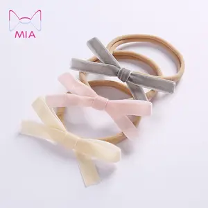 Mia 1cm Korean velvet ribbon bow baby seamless hair band infant nylon elastic headband for kids hair accessories