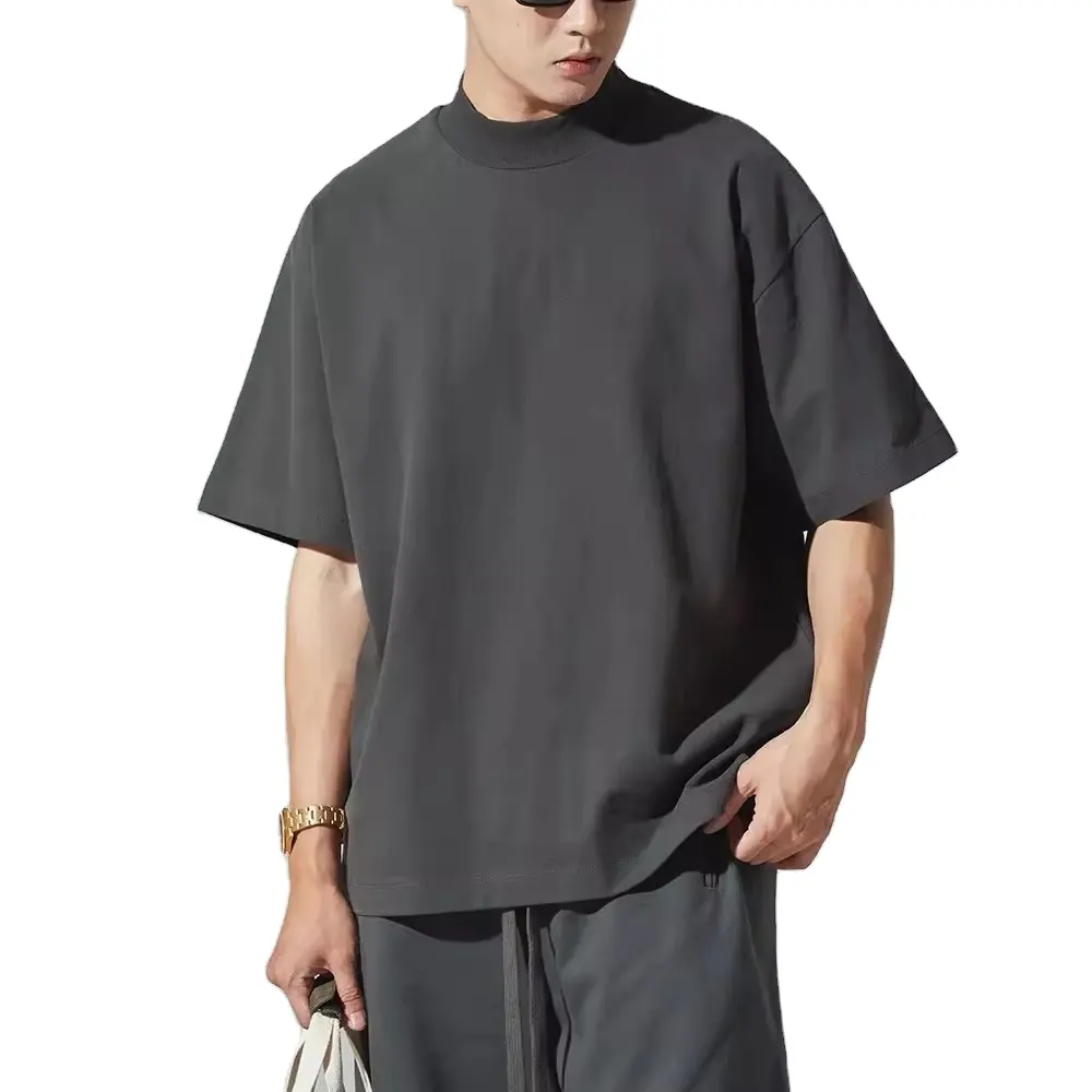 モックネック半袖ドロップショルダー特大綿100% メンズTシャツボクシーフィットオーガニックコットンTシャツブランクプレーンプリントTシャツ