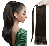 Queue de cheval droite brun foncé naturel, sans nœuds, sans perte de cheveux, extensions capillaires double épaisseur, queue de cheval à clipser pleine longueur