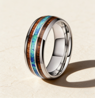 Bague de mariage en carbure de tungstène 8 mm pour homme, incrustation bois de Koa hawaïen et opale bleue, vente en gros