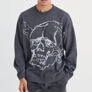 ODM OEM Customize Skull Graphic Casual Pullover Knitwear Jacquard Cotton Men Christmas Halloween Sweater For Men