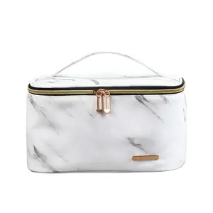 Custom Size Logo Marble Pattern PU Leather Zipper Beauty Travel Cosmetic Makeup Make Up Toiletry Skincare Case Bag