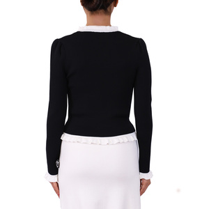 OEM ODM Mujeres Casual Sólido Patrón de punto Top Logotipo personalizado con volantes Cuello en V Cárdigan Flores Bordado Diseñador Suéter para Niñas - Product Image 3