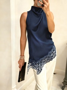 Summer New Design Lace Asymmetrical Casual <strong>Halter</strong> <strong>Satin</strong> Women's Tank Top - Product Image 1