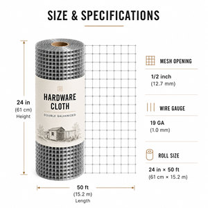 Hardware Cloth Welded <b>Wire</b> <b>Mesh</b> Roll 24 In X 50 Ft 19 Ga Square <b>Mesh</b> for Cages and <b>Garden</b> Fence - Product Image 1