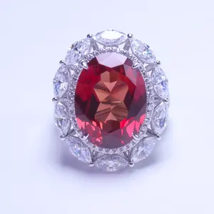 Perhiasan Lapis Emas Putih Oval, 14K Putih Bling Perhiasan Oval 12X16Mm Merah Cz Zirkonia Kubik Es Hip Hop 999 Cincin Perak