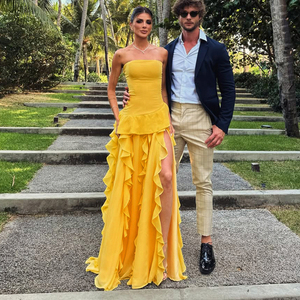 Vestido Largo sin Mangas para Mujer, Elegante y Sencillo, con Abertura Alta, Volantes en el Bajo, Sexy, sin Tirantes, Cintura Natural - Product Image 6