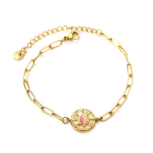 Pulsera de cadena chapada en oro estilo europeo con bisel de piedra rosa para mujer, joyería minimalista de moda. - Product Image 2