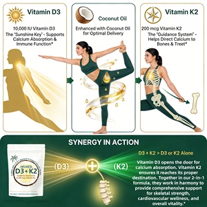 Suplemento Dietético <span class=keywords><strong>de</strong></span> Vitamina D y K Complex, 180 Cápsulas Blandas con <span class=keywords><strong>Aceite</strong></span> <span class=keywords><strong>de</strong></span> <span class=keywords><strong>Coco</strong></span> Virgen, D3 10000UI, K2 MK-7 200mcg, Apoyo Inmunológico - Product Image 2