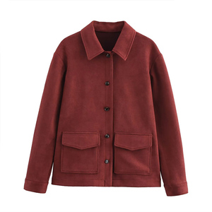 Chaqueta Casual Vintage Color Vino Tinto para Mujer, Transpirable, para Primavera, con Cuello Camisero, Cierre de Botón, Bolsillos con Parches, Poliéster - Product Image 1