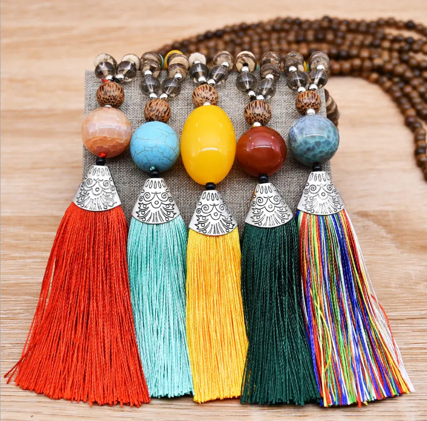 Boho Cross Grens Etnische Kunst India Nepal Natuursteen Agaat Hanger Buddha Kraal Hout Kralen Lange Tassel Ketting Voor Vrouwen mannen