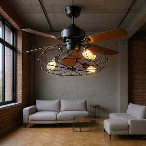 Ventilador de Techo LED Industrial Moderno con Luces, Diseño de Perfil Bajo con Rejilla, Control Remoto, Motor de Corriente Continua de 3 Aspas, Luz Cálida - Product Image 2