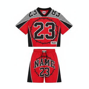 Camiseta de fútbol de verano personalizada con cuello en V de malla, corte holgado y extragrande, con cordón, para hombre, y pantalones cortos holgados con lavado ácido, con logotipo bordado. - Product Image 2