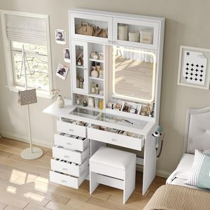 Table de maquillage moderne SENYU avec miroir éclairé et tiroirs de rangement, bureau de coiffeuse blanc pour chambre à coucher avec tabouret - Product Image 2