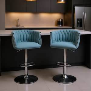 Tabourets de bar avec revêtement en tissu, hauteur réglable, dossier tissé, repose-pieds chromé argenté, bleu, mobilier de bar contemporain moderne - Product Image 2