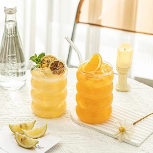 波型のバブル飲料グラス、ストロー付き、350ml ヴィンテージガラスカップ、美しいアイスコーヒーグラス、リップルガラス製品 - Product Image 3