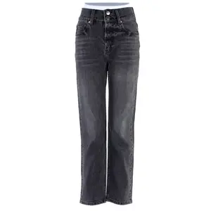 Produk baru asap abu-abu muda perempuan celana lurus jeans denim ukuran penuh pinggang tinggi untuk wanita