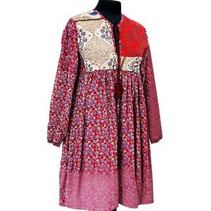 Vestido Anarkali Kurta Midi Boho de Algodón Tejido Rojo, Estilo Étnico, Corte en A, Transpirable, de Manga Larga, con Estampado Floral, Cintura Imperio, para Uso Diario de Verano - Product Image 6