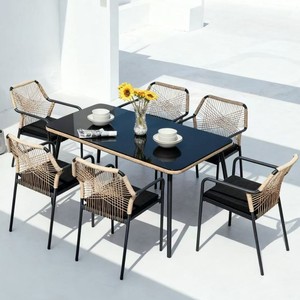 Dwoo hiện đại 6 chỗ ngồi dệt mây Patio ăn uống đặt ngoài trời Vườn không thấm nước 7 mảnh Nhà hàng bàn ghế Bộ - Product Image 2