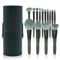 Ensemble complet de 14 pinceaux de maquillage haut de gamme vert foncé, manche incurvé, poils doux, pour fard à joues rose et fard à paupières, idéal pour les débutants