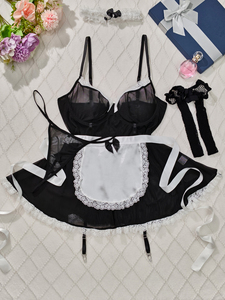 Ensemble de costume de femme de chambre française grande taille, robe de lingerie en maille transparente avec tablier et collier ras-du-cou, tenue de jeu de rôle fantaisie - Product Image 4