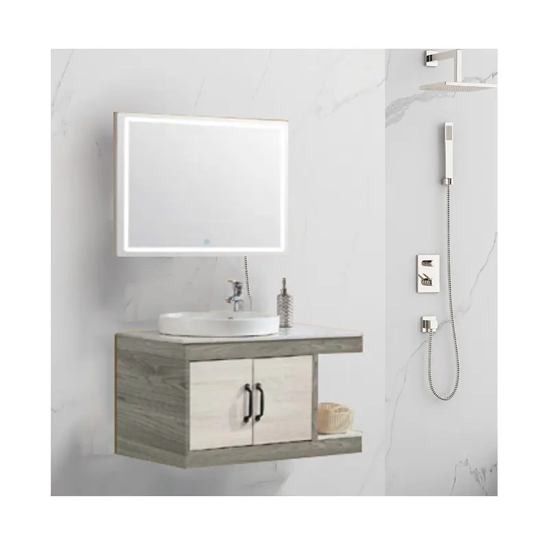 イタリアンスタイルの壁掛け式バスルーム洗面台と長方形のライトミラー付きキャビネット