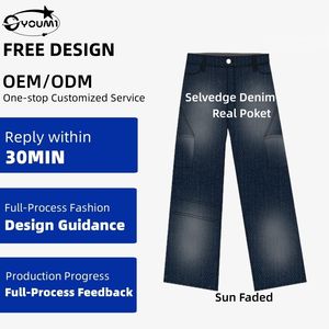 유미(YOUMI) 맞춤형 OEM 남성용 16온스 셀비지 데님 진 - 헤비웨이트, 선 페이드, 몽키 워시, 멀티 포켓, 다이아몬드 자수, 구멍 디자인 - Product Image 1