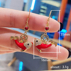 Orecchini Pendenti a Forma di Moneta con Smalto Rosso a Forma di Pesce Koi per Donne, Accessori Vintage per Uso Quotidiano - Product Image 5