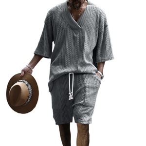 Temu – ensemble pull tricoté à col en v et short pour hommes, tenue d'été décontractée, ample, manches trois quarts, couleur unie, pour les loisirs - Product Image 4