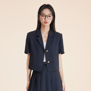 Women's Black Short <b>Blazer</b> Suit <b>Set</b> Solid Color Polyester Breathable Casual Wear - Product Image 4