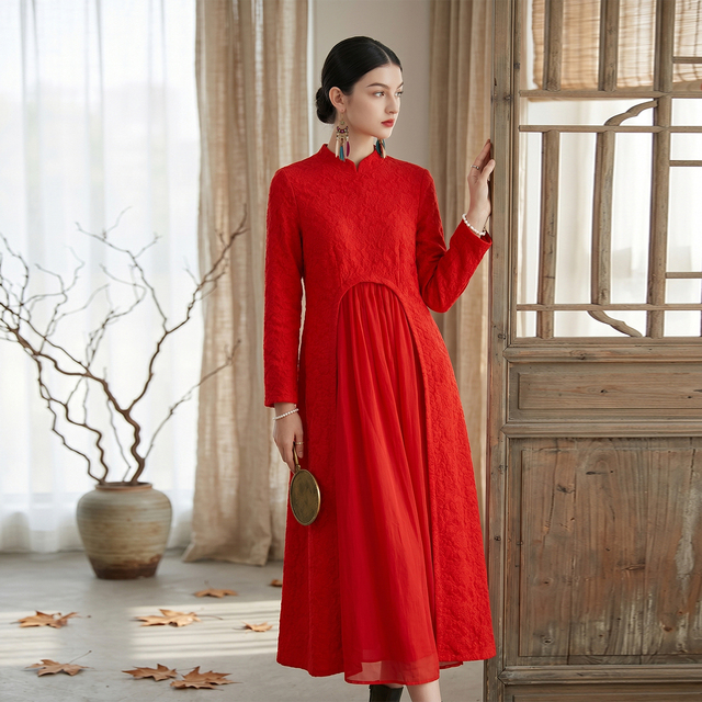 Vintage Retro Style High-end Ladies Maxi Dresses Women's Dress Long Sleeve Elegant Red Embroidery Dresses for Women