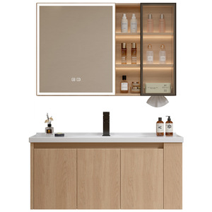 Modern Solid Wood-Grain Melamine Board Bathroom Vanity Unit LED Touch Illuminate Mirror Transparent Glass <b>Display</b> <b>Cabinet</b> - Product Image 5