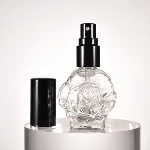 批发玫瑰花形定制香水喷雾瓶10毫升补充金属黑盖化妆品喷雾瓶