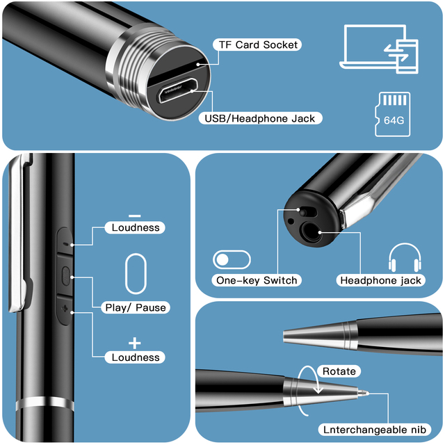 Professional Noise Reducing Stereo Voice Recorder Pen Style USB Digital Recorder with 32GB Storage MP3 Playback