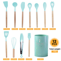 12 ustensiles en silicone écologiques résistants à la chaleur avec manches en bois, ensembles d'ustensiles de cuisine en silicone