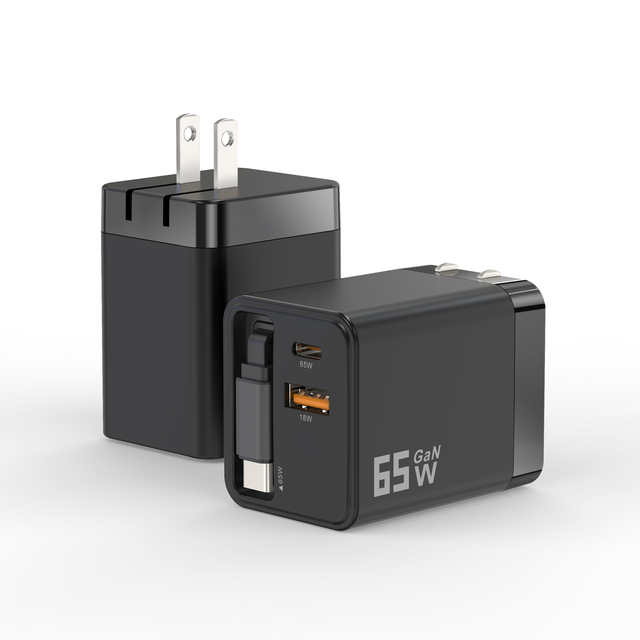 65W GaN Charger Adapter Retractable Type-C Cable Fast Charging Wall USB Travel Charger Foldable Multi-Plug CE Certified PD QC3.0