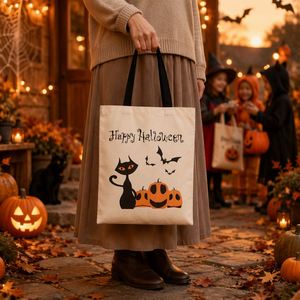 Sac fourre-tout personnalisé pour Halloween, sac de courses réutilisable en toile, imprimé citrouille, chat, chauve-souris, sac cadeau pour fête d'Halloween - Product Image 4