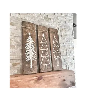 Farmhouse Decor Set of 3 Rustic White Wooden Christmas Tree Signs