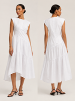 Vestido Midi Asimétrico con Volantes en Capas, Cuello Redondo y Manga Corta, Color Blanco, Nueva Colección Verano 2026, Gran Venta en EE. UU. y Australia