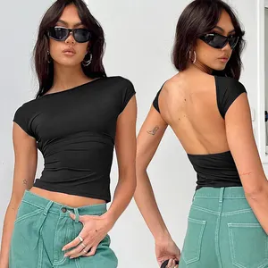 Yaz rahat streç nefes kısa kollu Slim Fit Women Y2K kırpma Tee rahat seksi Backless T Shirt kadınlar için