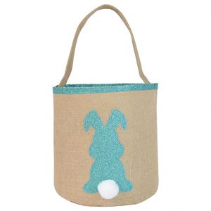 New Easter <b>Gift</b> Imitation Linen Bright Gold Round Bottom Basket Handbag Plush <b>Rabbit</b> Pattern Canvas Bag - Product Image 3