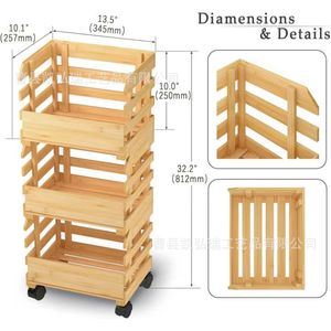 Wooden kitchen <b>vegetable</b> storage <b>basket</b>, floor-<b>standing</b>, with wheels, multi-tiered stackable solid wood storage rack - Product Image 1