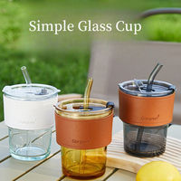 L03 vente en gros de tasse à café en borosilicate personnalisée avec logo en verre transparent et couche de cuir tasse à eau avec couvercle en paille