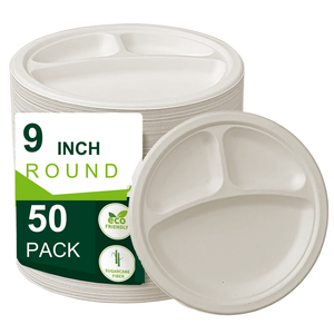 Assiettes rondes jetables en bagasse de canne à sucre de 9 pouces à 3 compartiments, compostables et biodégradables, pour le camping et les fêtes - Product Image 1