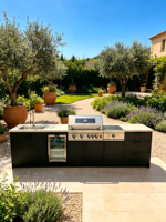 Cuisine extérieure préfabriquée en acier inoxydable écologique avec toit à baldaquin, brûleur à gaz et réfrigérateur à boissons pour mobilier de patio et de jardin