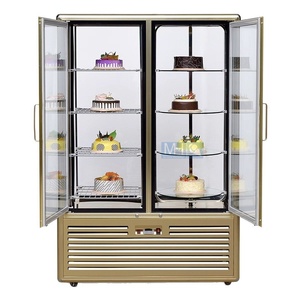 Gouden Kleur Frame <span class=keywords><strong>4</strong></span> Zijden Glas 2 Deurs Staande Koelvitrine voor Bakkerij Taart Dranken Koelkast met Rotatiesysteem - Product Image 3