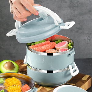 Stainless Steel Lunch <b>Box</b> Multi Layer Insulated For Adults Office Use Large Capacity Cylinder Shape <b>Plastic</b> Lid - Product Image 1