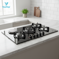 Table de cuisson hybride gaz-électrique encastrable 5 brûleurs avec plaque électrique et allumage automatique en verre trempé