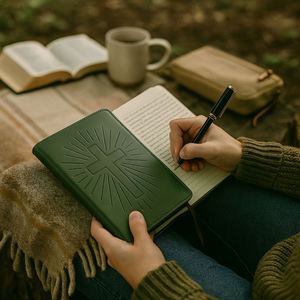 Green Prayer Journal A5 Faux Leather Debossed Cross Christian Devotional Notebook Ribbon Bookmark Sewing <b>Gift</b> Daily Bible Study - Product Image 4